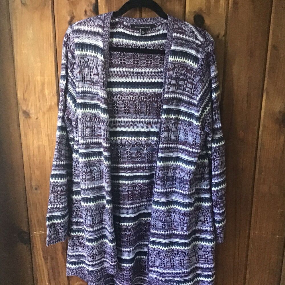 Signature Studio Long Purple Stripe Cardigan Size XL Loose Knit Open Front